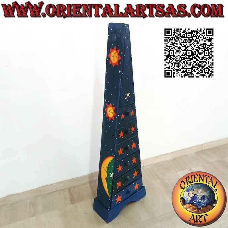 Pyramid bulletin board with six drawers in blue painted fir wood with moons and golden stars