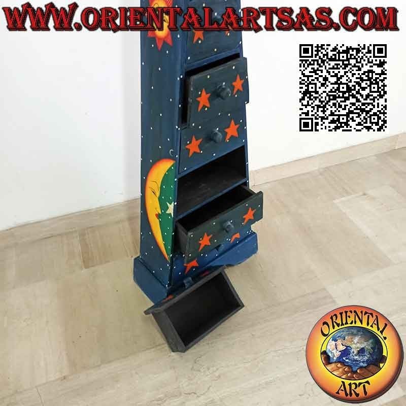 Tablón piramidal de seis cajones de madera de abeto pintado de azul con lunas y estrellas doradas