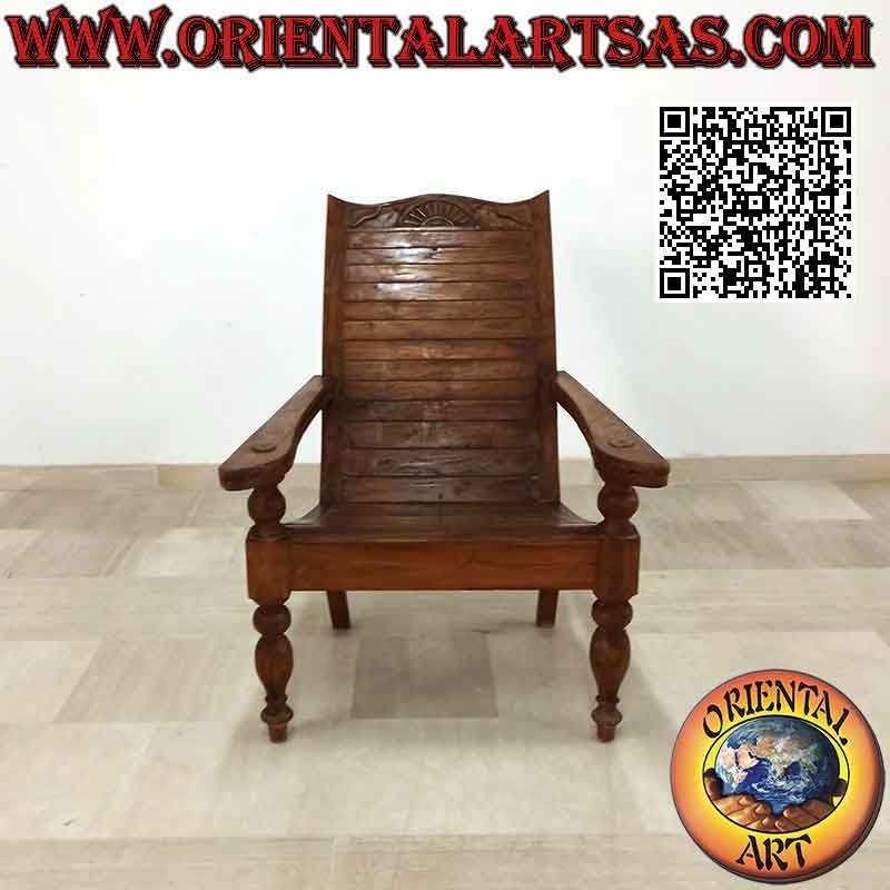 Antiker Sessel / Chaiselongue im Kolonialstil aus Teakholz (verbundene Latten)