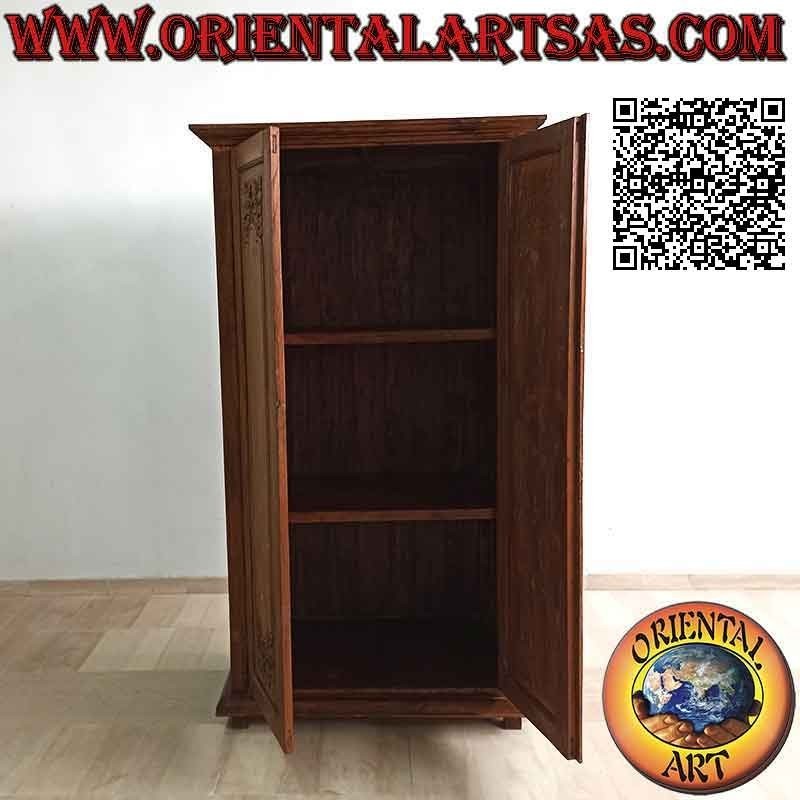 High linear wardrobe with 2 doors and 3 shelves with floral bas-relief decoration in antique teak wood