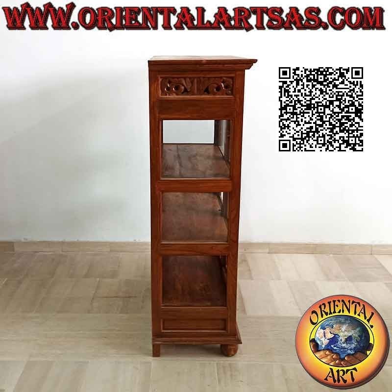 Vetrina lineare con decoro floreale traforato, a due ante e due cassetti in legno antico di teak