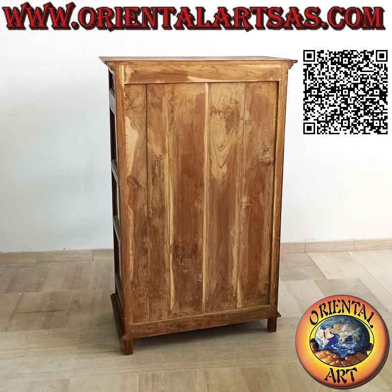 Vitrina lineal con decoración floral perforada, con dos puertas y dos cajones en madera de teca envejecida