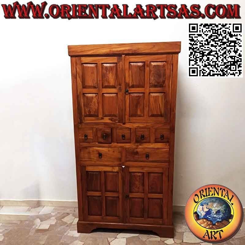 Linear karierter Kleiderschrank mit 4 Türen und 7 Schubladen (5 + 2) aus Teakholz