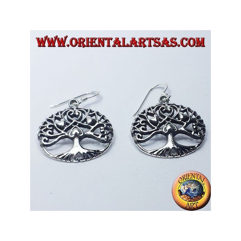 Boucles d'oreilles en argent, Arbre de la vie avec des coeurs