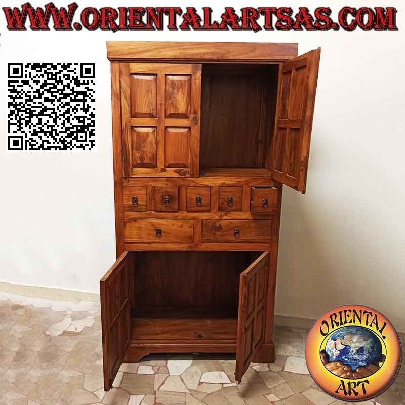 Armario lineal a cuadros de 4 puertas y 7 cajones (5+2) en madera de teca
