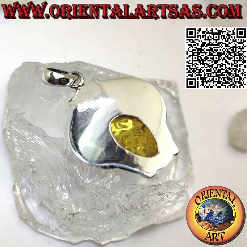 Pendentif argent 925‰ avec gros cabochon navette ambre avec couronne de feuilles et fleur centrale