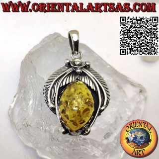 Colgante de plata 925 ‰ con gran cabujón lanzadera ámbar con corona de hojas y flor central