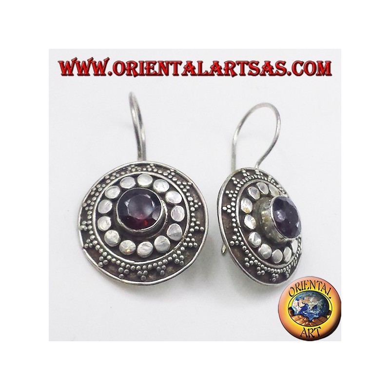 silver earrings with garnet, shield