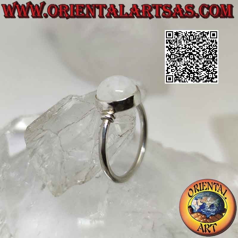 Anillo de plata con cabujón redondo de piedra luna arcoíris en engaste liso y doble línea en los laterales