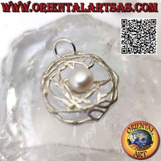 Silver pendant with white freshwater pearl in a round satin weave of threads