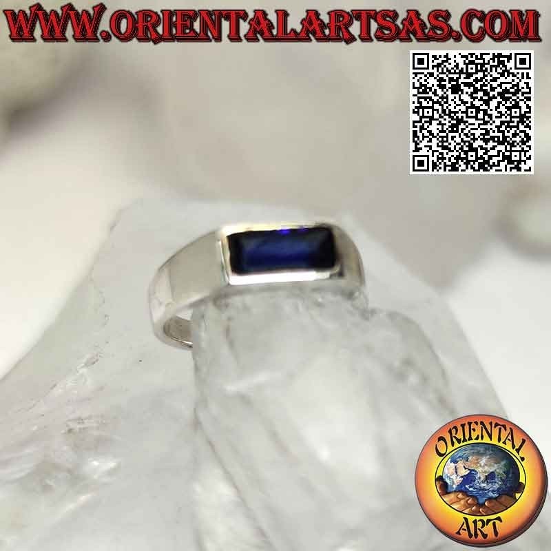 Silver ring with baguette-cut horizontal rectangular synthetic sapphire on smooth setting
