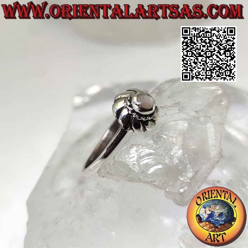 Silver ring with small round mother of pearl in the center of a vortex
