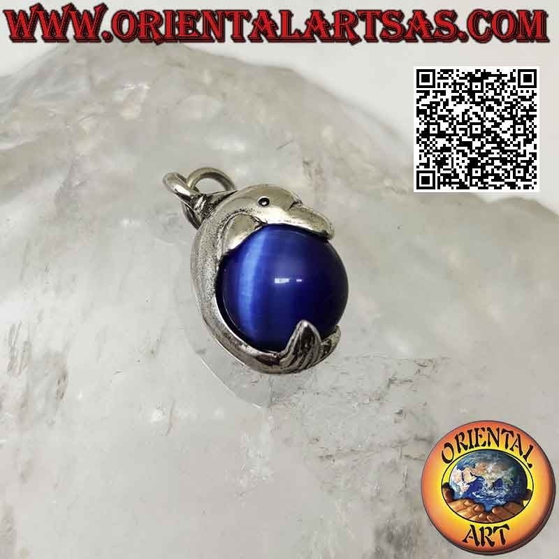 Dolphin pendant in silver wrapping a rotating blue cat's eye sphere