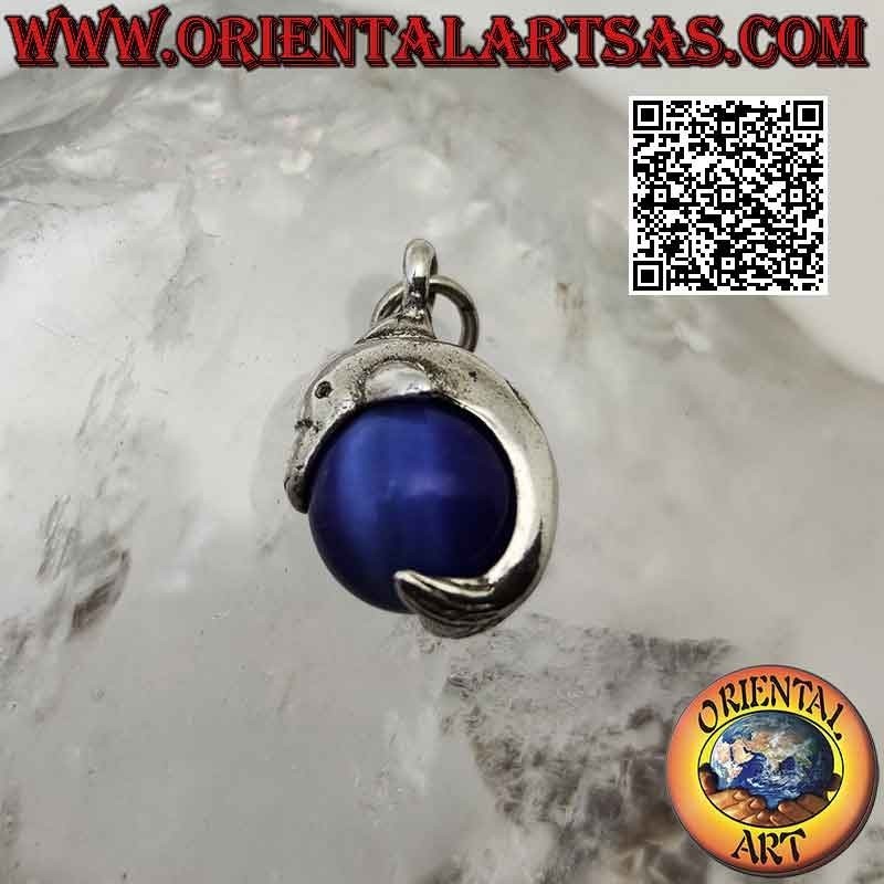 Dolphin pendant in silver wrapping a rotating blue cat's eye sphere