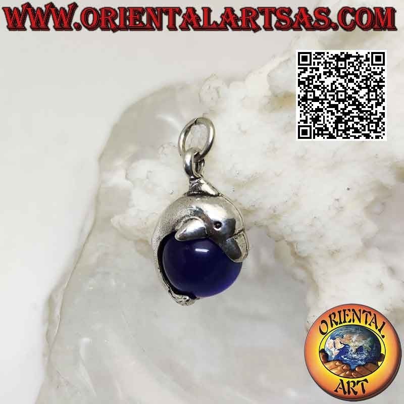Pendentif dauphin en argent enveloppant une sphère oeil de chat bleue tournante
