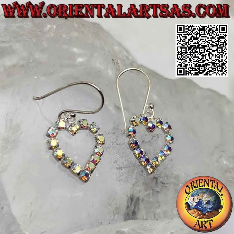 Orecchini in argento a monachella con contorno di cuore di zirconi arcobaleno incastonati (piccolo)