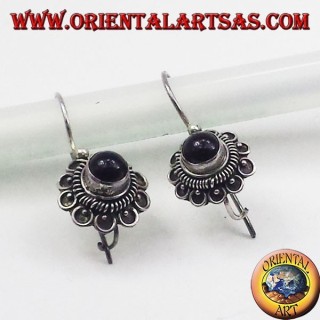 silver earrings, flower with green agate