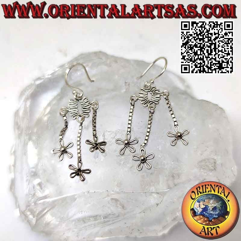 Silver hook earrings with wavy oval wire and three hanging flowers