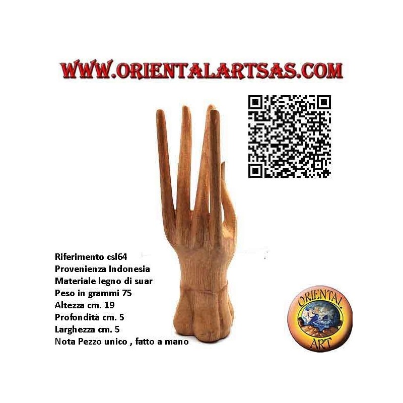 Sculpture display for jewelry "standing hand" in pine wood 19 cm