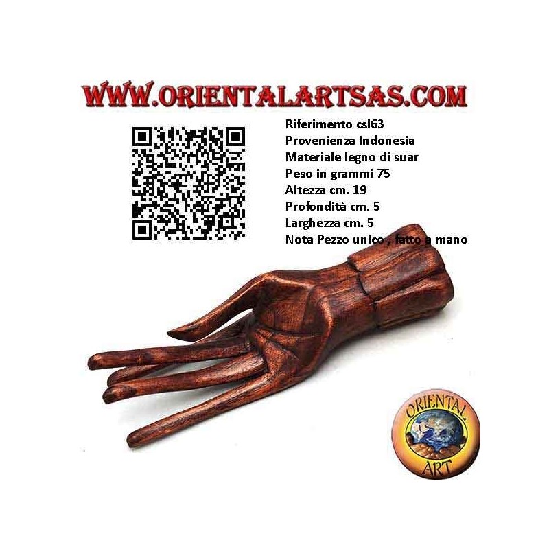 Scultura espositore per gioielli "mano in piedi" in legno di suar da 19 cm