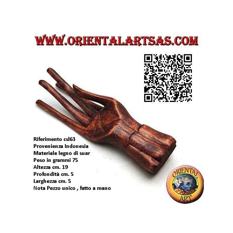 Scultura espositore per gioielli "mano in piedi" in legno di suar da 19 cm