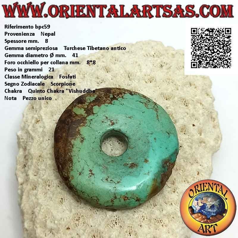 Antiker tibetanischer Türkis-Scheibe / Donut-Anhänger 41 mm. Ø (Kabel im Lieferumfang enthalten)