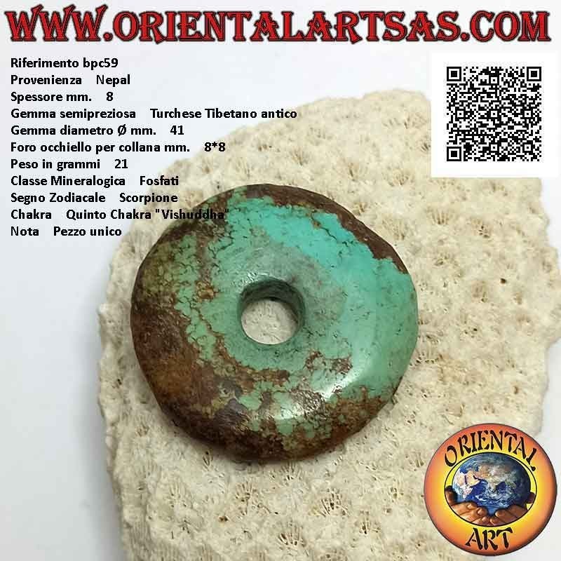Antique Tibetan Turquoise Disc / Donut Pendant 41mm. Ø (cord included)