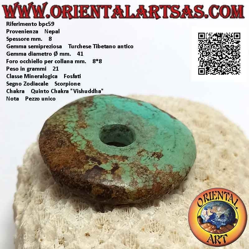 Disque Turquoise Tibétain Antique / Pendentif Donut 41mm. Ø (cordon inclus)