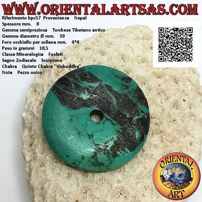 39mm Antique Tibetan Turquoise Donut / Disc Pendant. Ø (cord included)