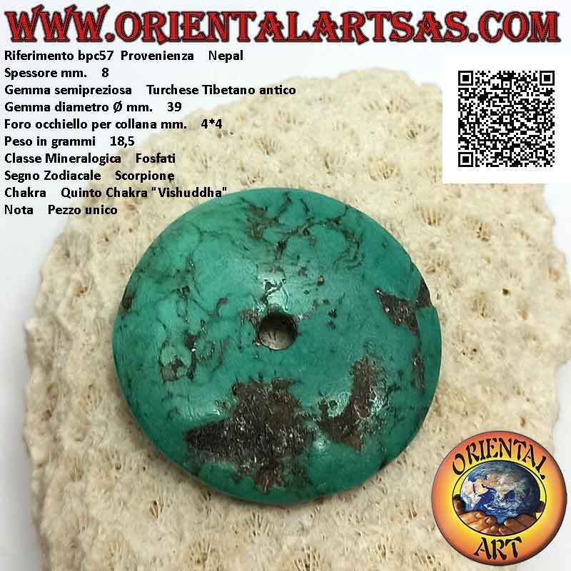 Colgante de disco / donut turquesa tibetano antiguo de 39 mm. Ø (cable incluido)