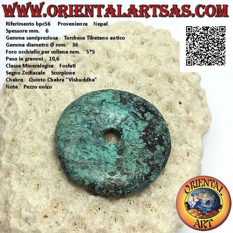 Colgante de disco / anillo de turquesa tibetano antiguo de 34 mm. Ø (cable incluido)