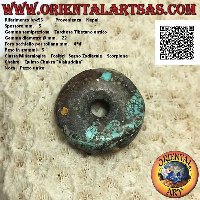 Pendentif Donut / Disque Turquoise Antique de 22 mm. Ø (cordon inclus)