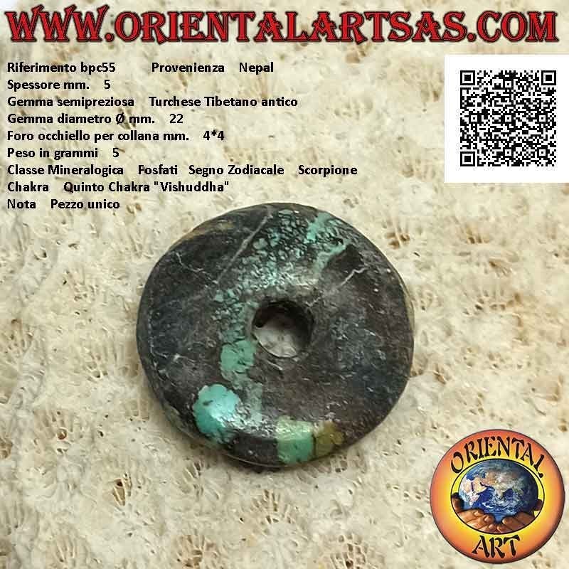 Colgante de disco / donut turquesa tibetano antiguo de 22 mm. Ø (cable incluido)
