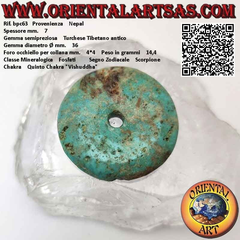 36 mm antiker tibetischer Türkis-Donut / Disc-Anhänger. Ø (inkl. Kabel)