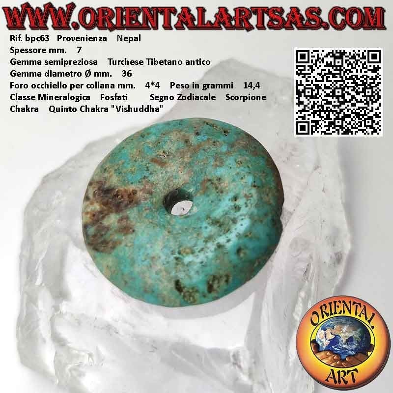 Pendentif Donut/Disque Turquoise Tibétain Antique de 36 mm. Ø (cordon inclus)