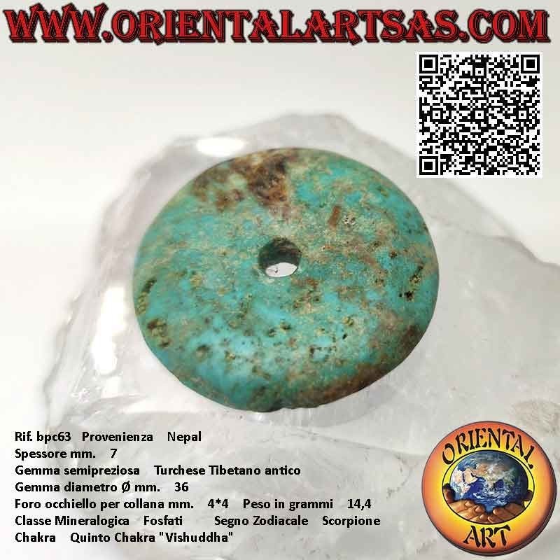 36 mm antiker tibetischer Türkis-Donut / Disc-Anhänger. Ø (inkl. Kabel)