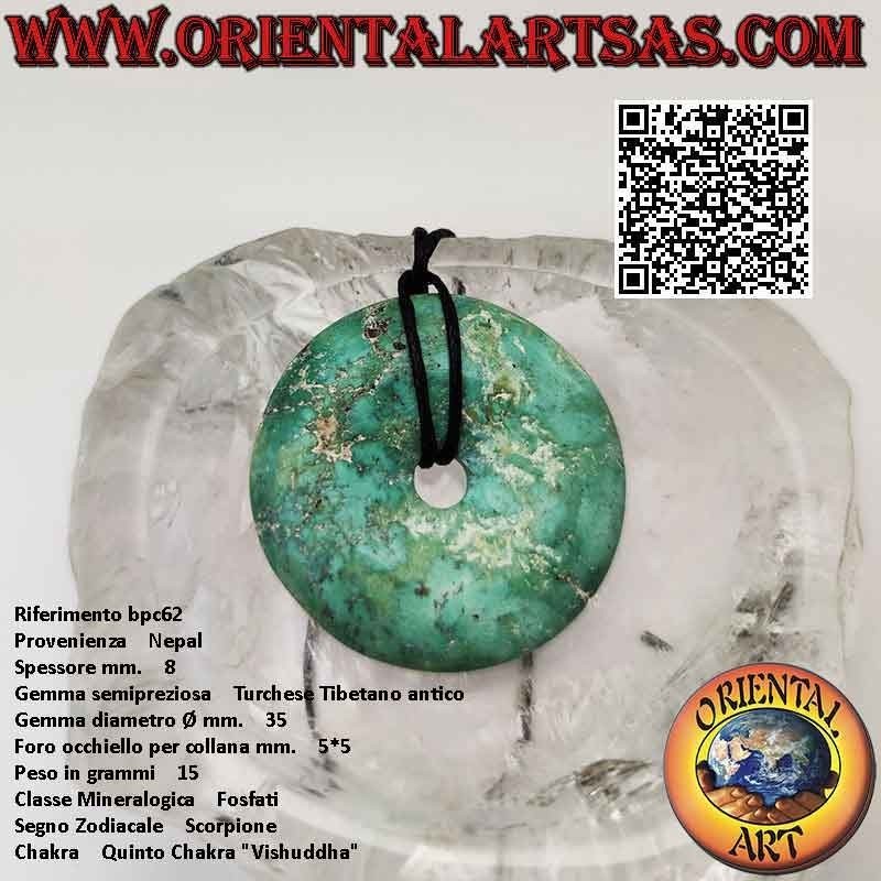 Pendentif Donut/Disque Turquoise Tibétain Antique de 35 mm. Ø (cordon inclus)