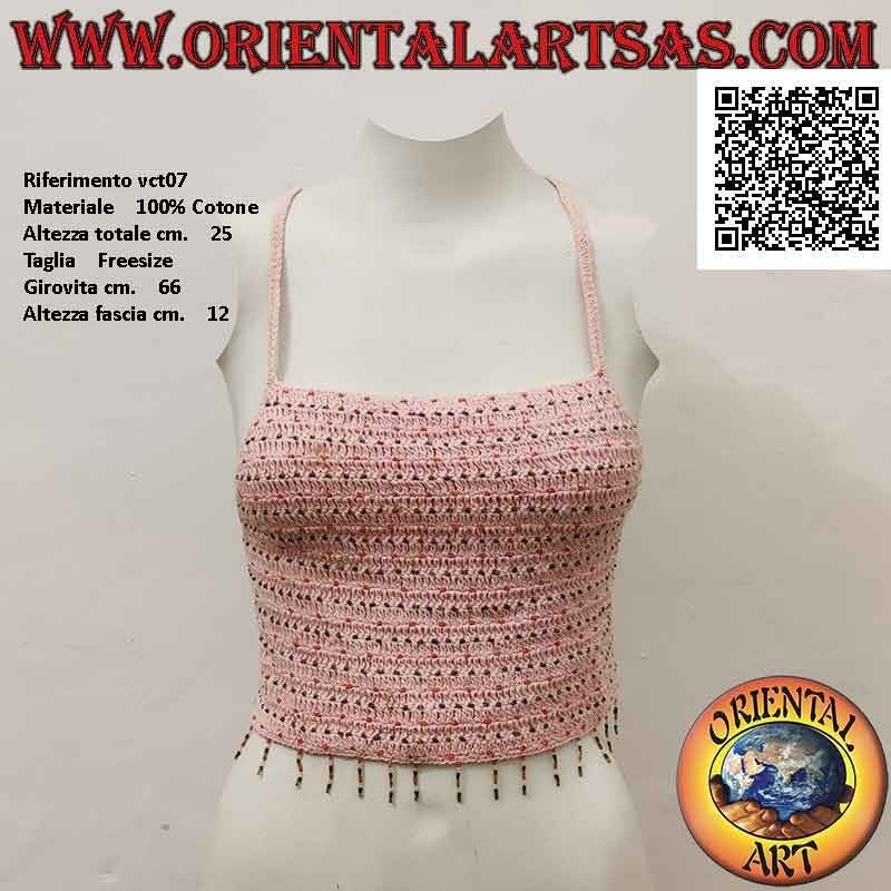Pink A-line crochet top with beads and braided closure, in handmade cotton (freesize)