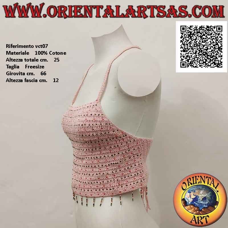 Top all'uncinetto rosa a trapezio con perline e chiusura intrecciata, in cotone fatto a mano (freesize)