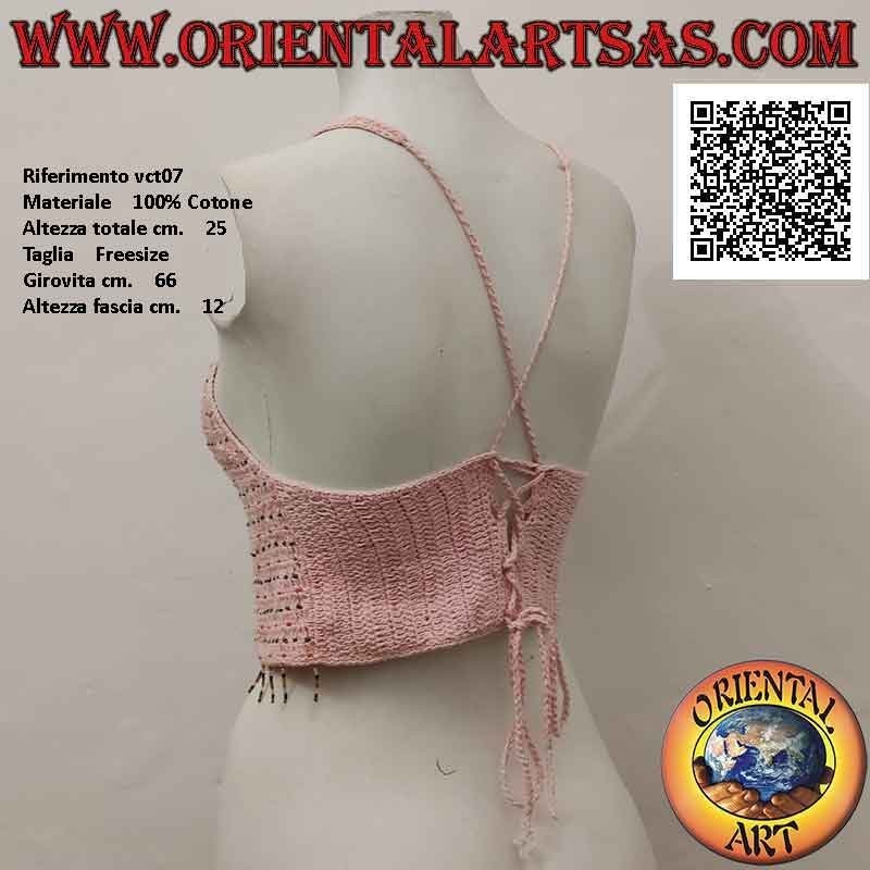 Top rosa evasé de crochet con abalorios y cierre trenzado, en algodón hecho a mano (talla libre)