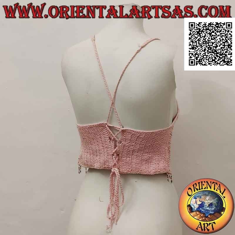 Top rose A-line au crochet avec perles et fermeture tressée, en coton fait main (taille libre)