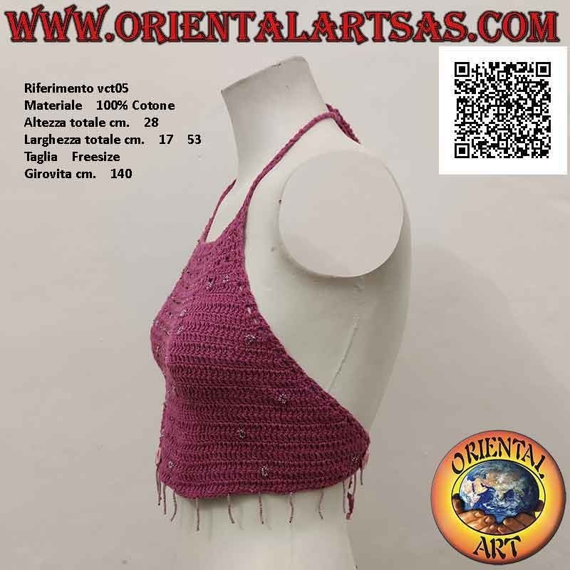 Magenta A-line crochet top with beads and mirrors, in handmade cotton (free size)