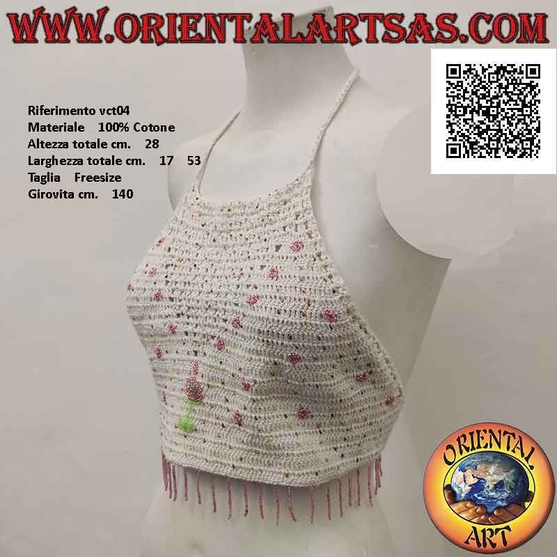 Top all'uncinetto a trapezio bianco con perline rosa e fiore, in cotone fatto a mano (free size)