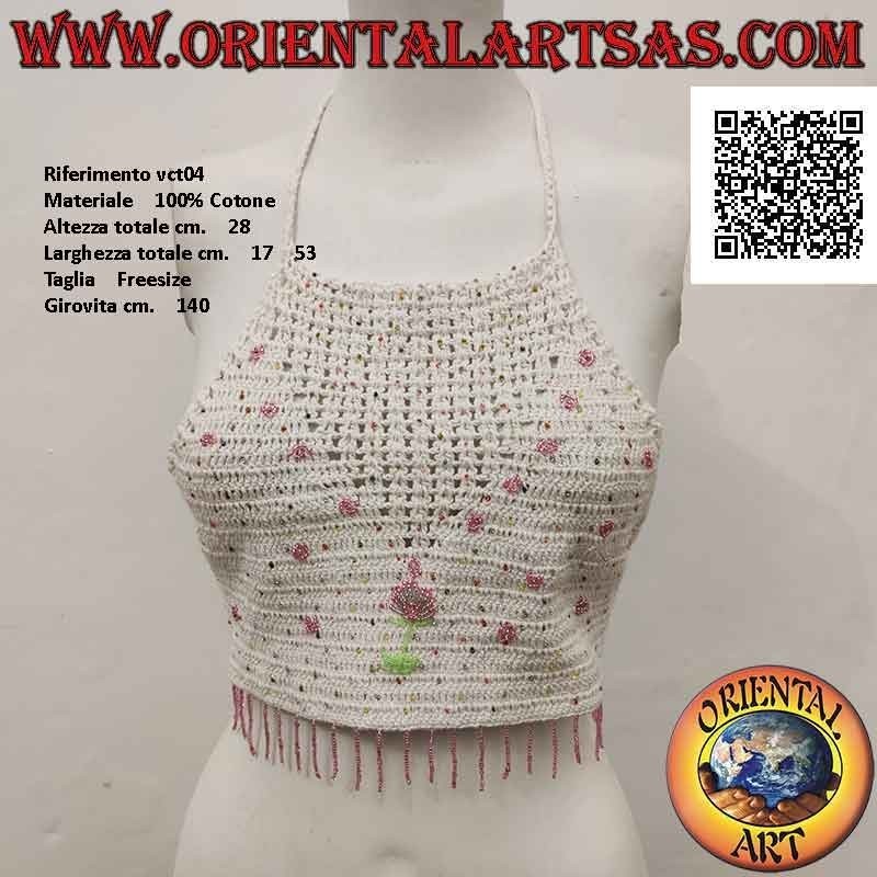 Top A-line au crochet blanc avec perles roses et fleurs, en coton fait main (taille libre)