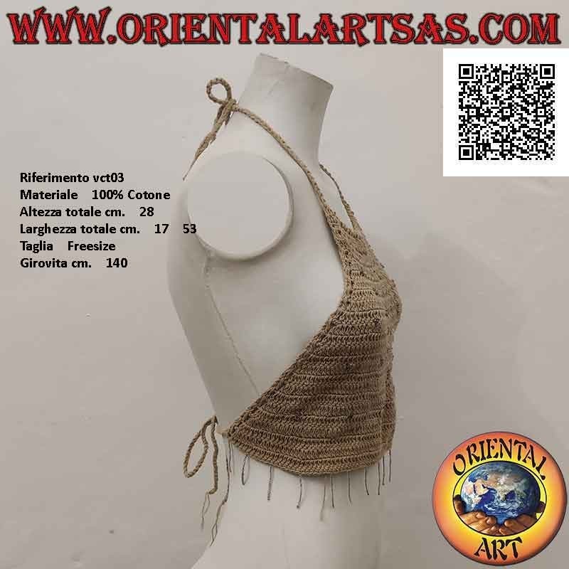 Top A-line crochet beige avec perles multicolores en coton fait main (taille libre)