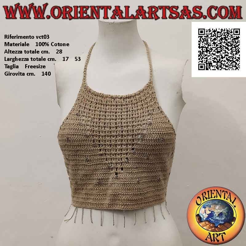 Beige a-line crochet top with multicolor beads in handmade cotton (free size)