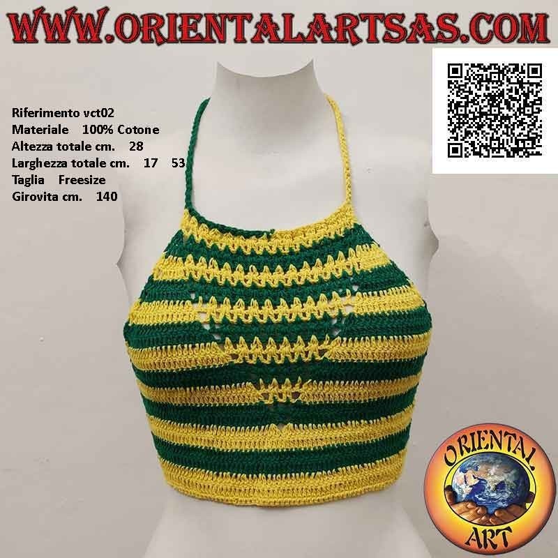 Top de crochet acampanado con rayas verdes y amarillas en algodón hecho a mano (talla libre)