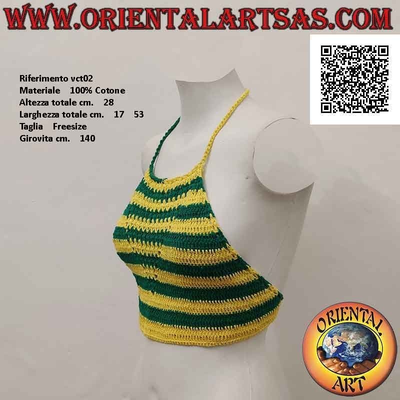 Top all'uncinetto a trapezio verde e giallo a righe in cotone fatto a mano (freesize)