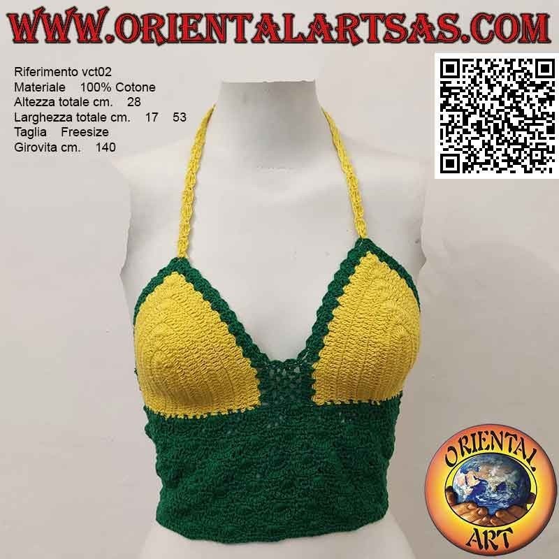 Top crochet vert et jaune avec bande de coton à la main (taille libre)