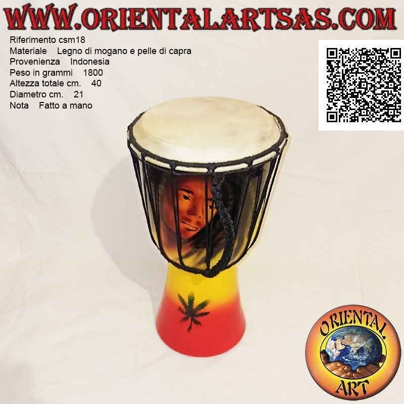Bongo djembé "Jamaica Bob Marley decoration" 40 cm, hand painted, in mahogany wood and goatskin